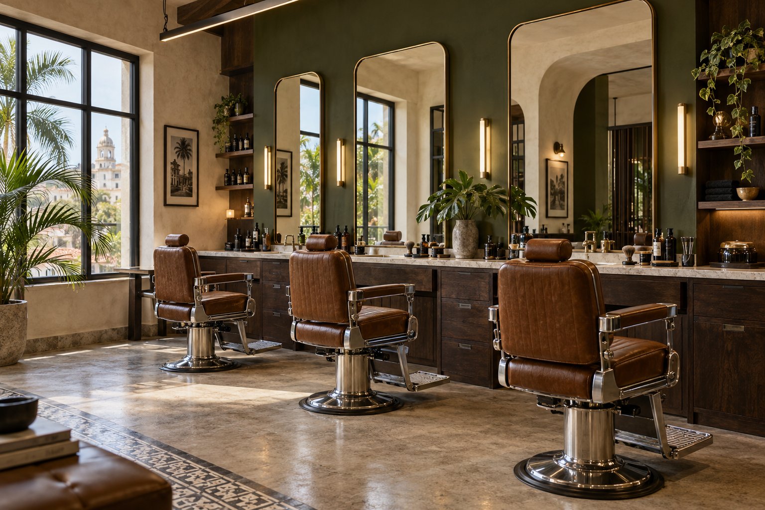 Interior de barbería de referencia; imagen generada, no fotografía del local